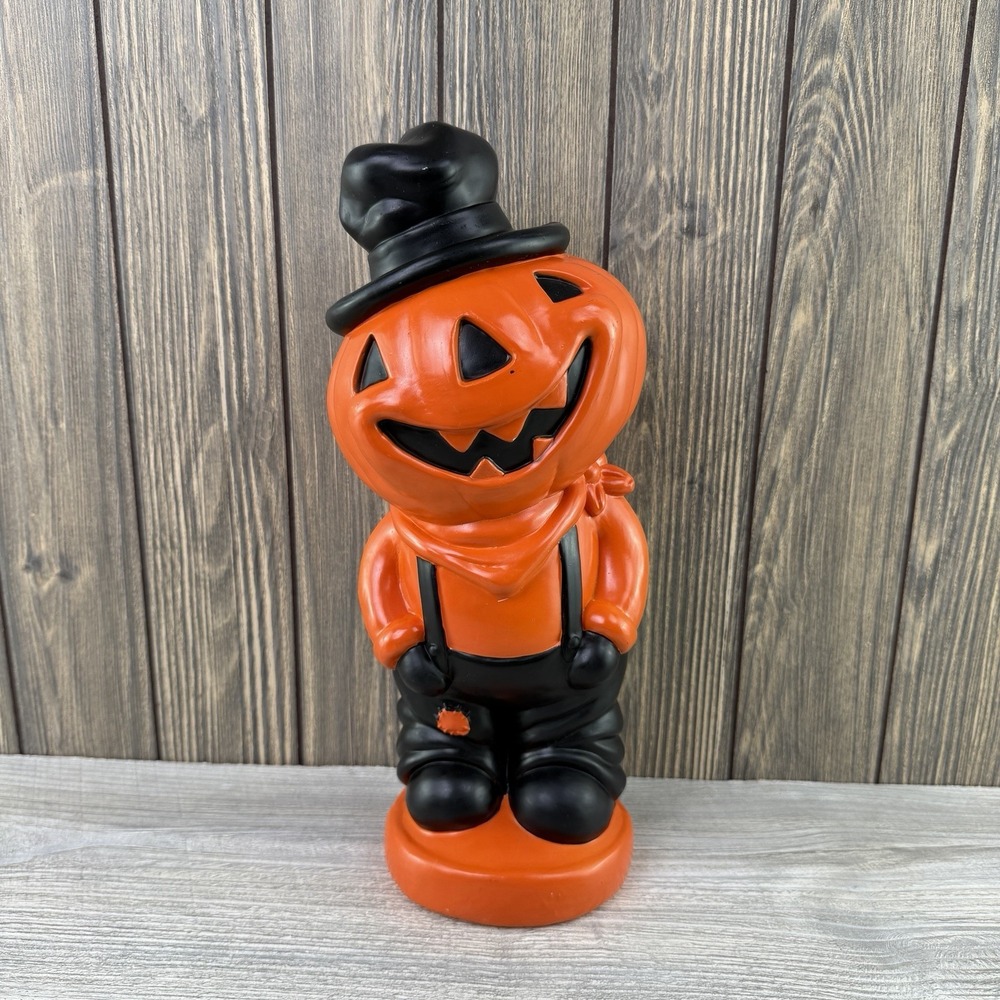 Pumpkin Scarecrow Halloween Plastic Blow Mold Style 13" Tall Black Hat Overalls